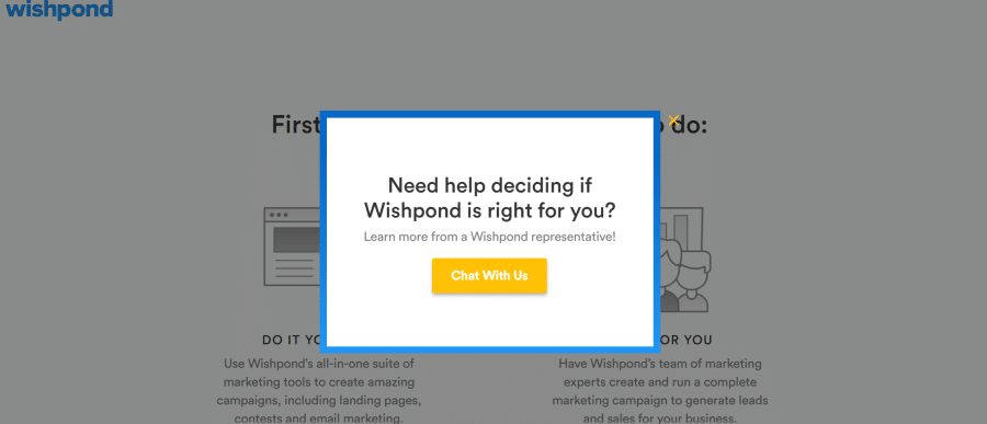 Screenshot of WishPond exit-intent pop-up alert as a ways to attrct leads