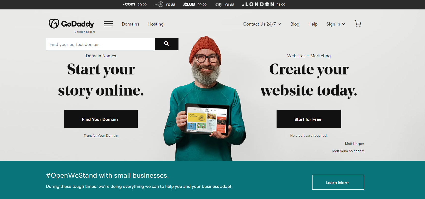 GoDaddy's minimalist website design