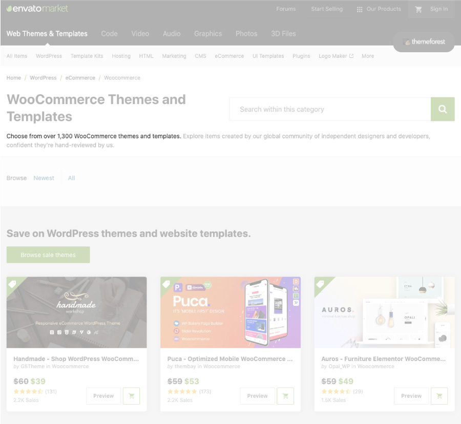Responsive web design: Screenshot of Theme Forest for WooCommerce