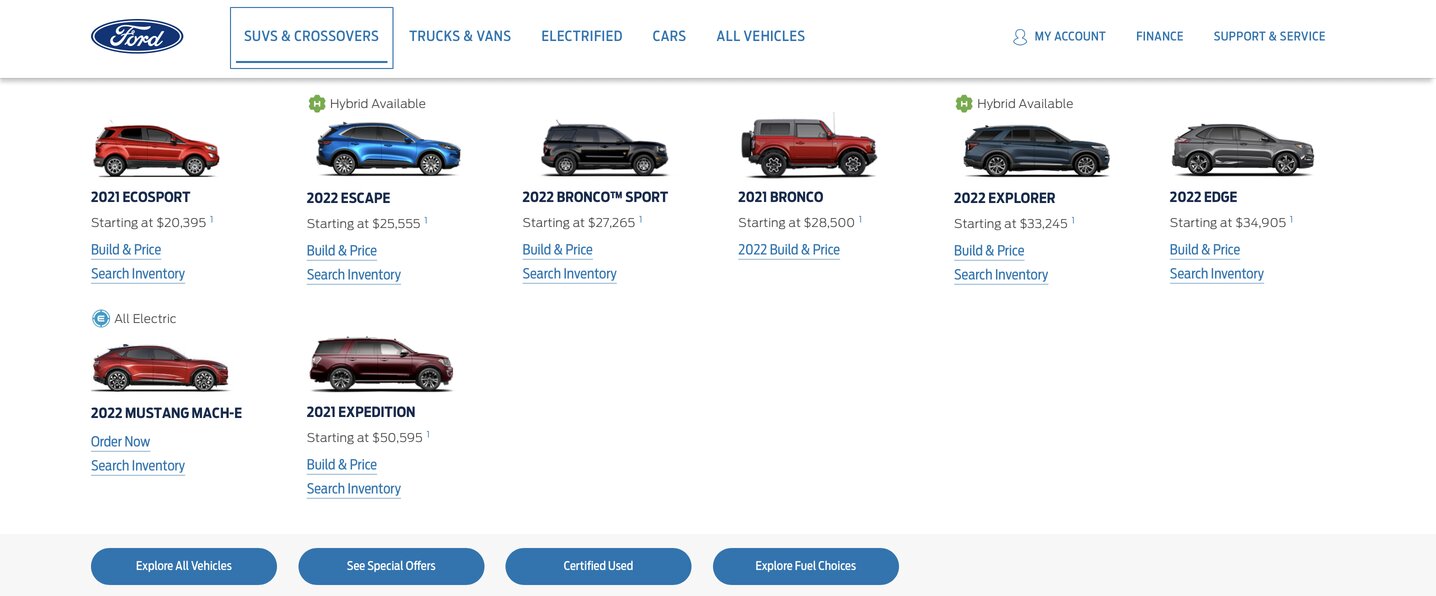 A screenshot of the dropdown menu on Ford's website featuring SUVs and crossovers
