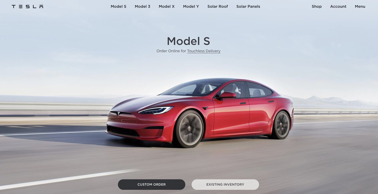 The image of Tesla's Model S in red, featured on the company website's home page