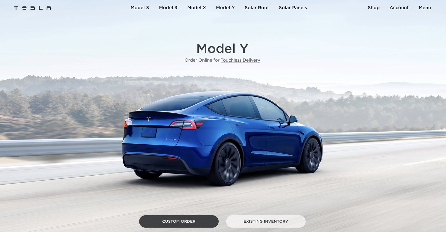 The image of Tesla's Model Y in blue, featured on the company website's home page