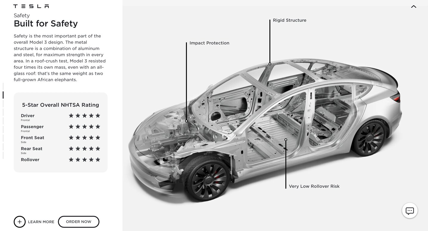 A screenshot from Tesla's website showing the make and model of one of their cars and sharing safety information and important specs