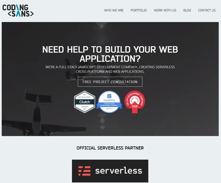 A screenshot of the Coding Sans, a software company everyone should know about, homepage, stating, "Need help to build your web application?"