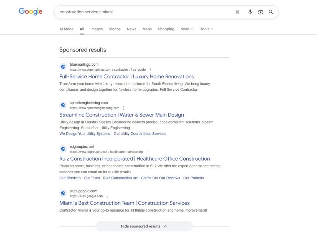 Image showing google search results for construction services Miami
