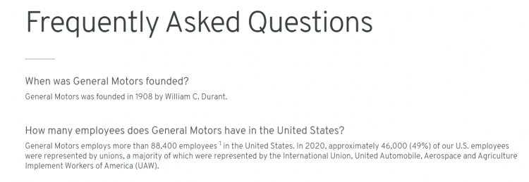 Manufacturing website design GM FAQ section