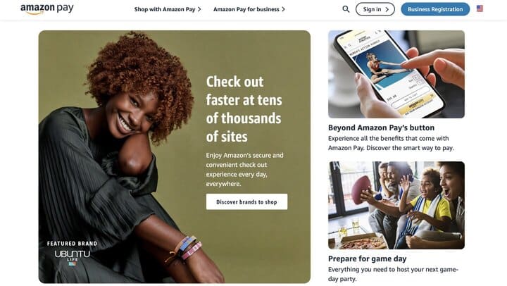 A screenshot from Amazon Pay website featuring a smiling woman, a person scrolling the Amazon Pay app on their mobile phone, and a happy family watching a football game