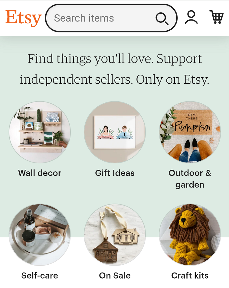 Screenshot from Etsy's website homepage