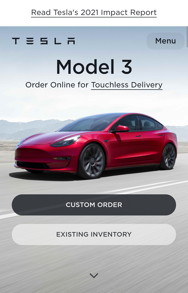 Screenshot from Tesla's website homepage