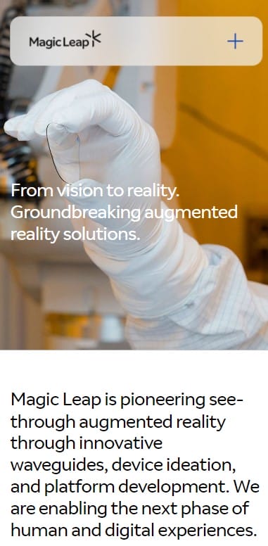 Magic Leap website screenshot on mobile