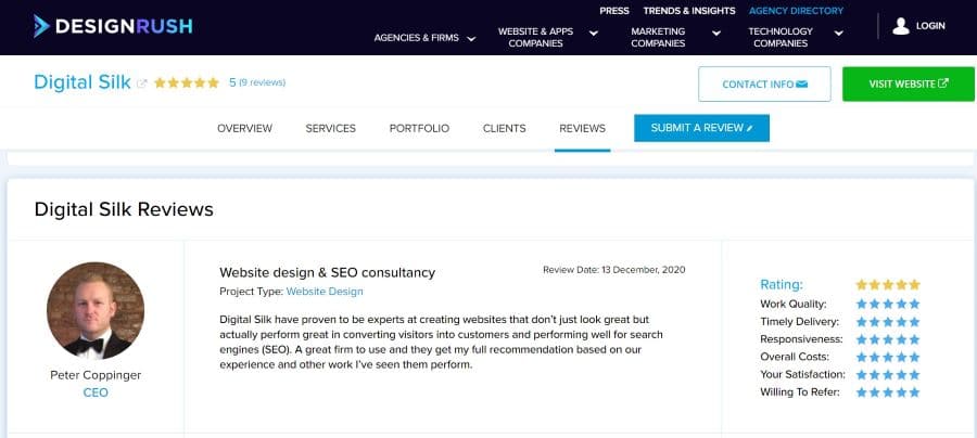 Digital Silk profile on DesignRush screenshot as an example of an agency profile on rating platforms
