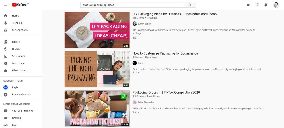 YouTube product packaging ideas search result screenshot