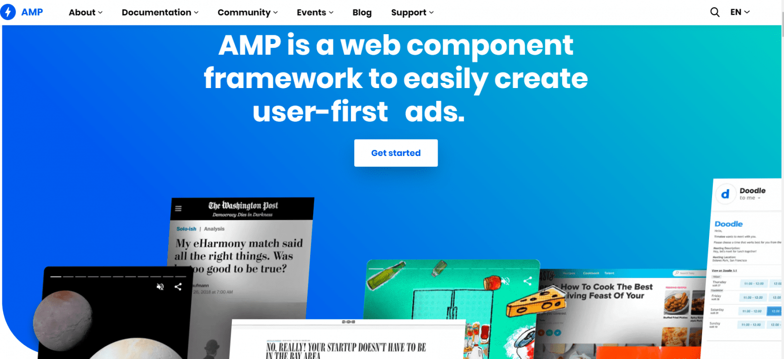 The website homepage of AMP, a tool used to speed up a mobile site