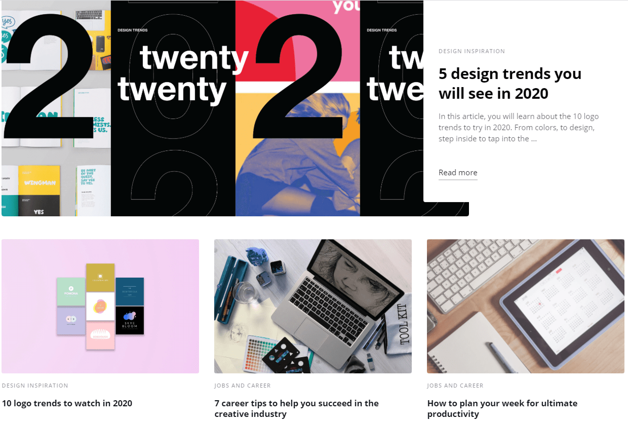 A screenshot of Canva's blog with articles on design, career tips, and organization