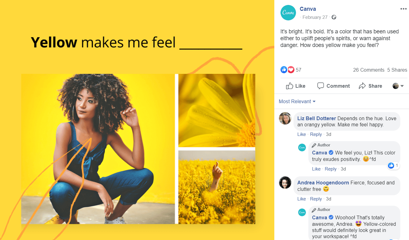 A screenshot of Canva's Facebook post including a bright yellow image