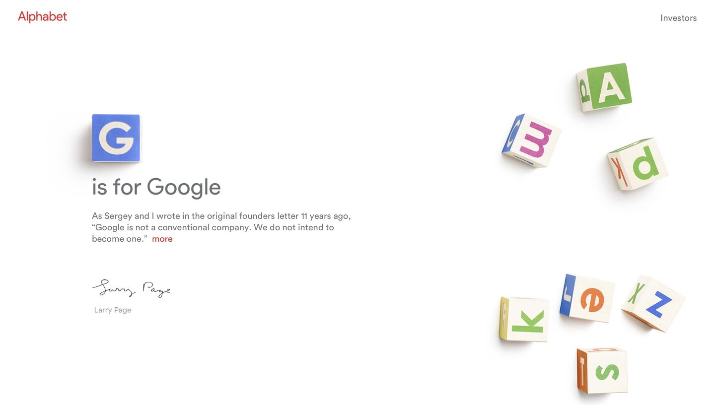 A screenshot from Alphabet's website featuring cubes with colorful letters