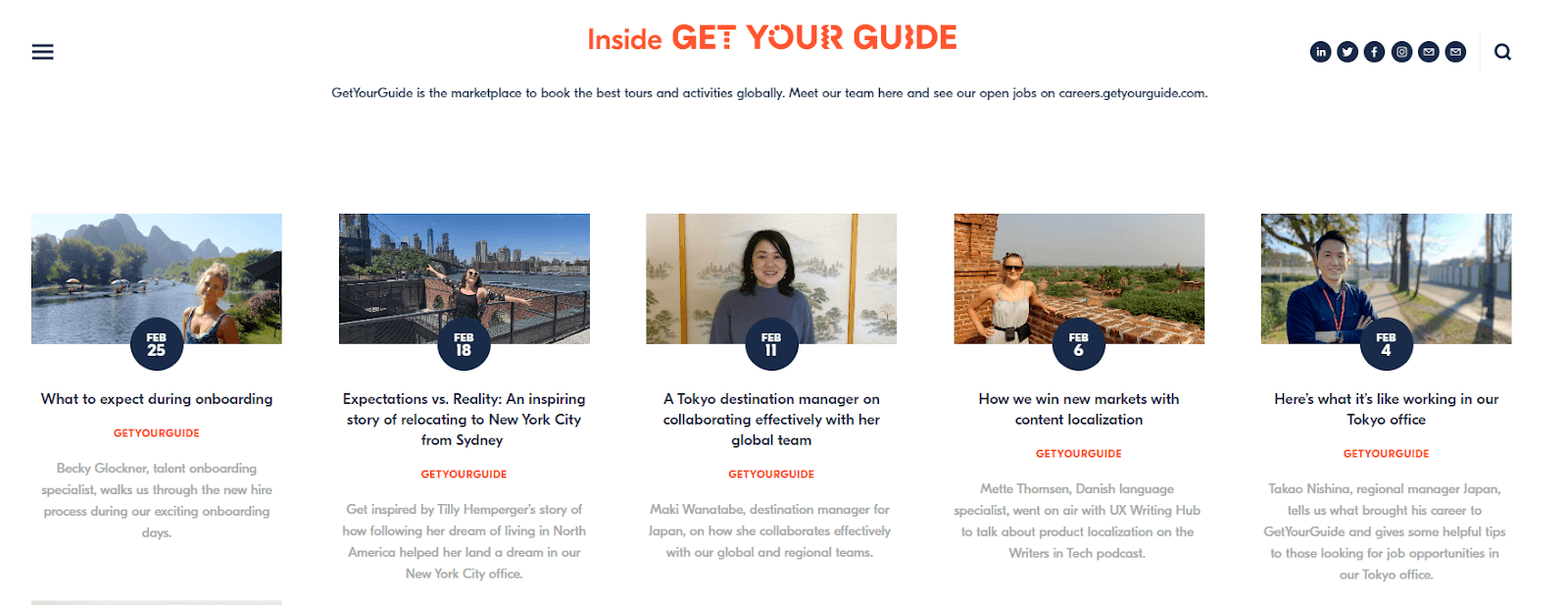 A screenshot of GetYourGuide featured blog posts that boast diverse and quality content