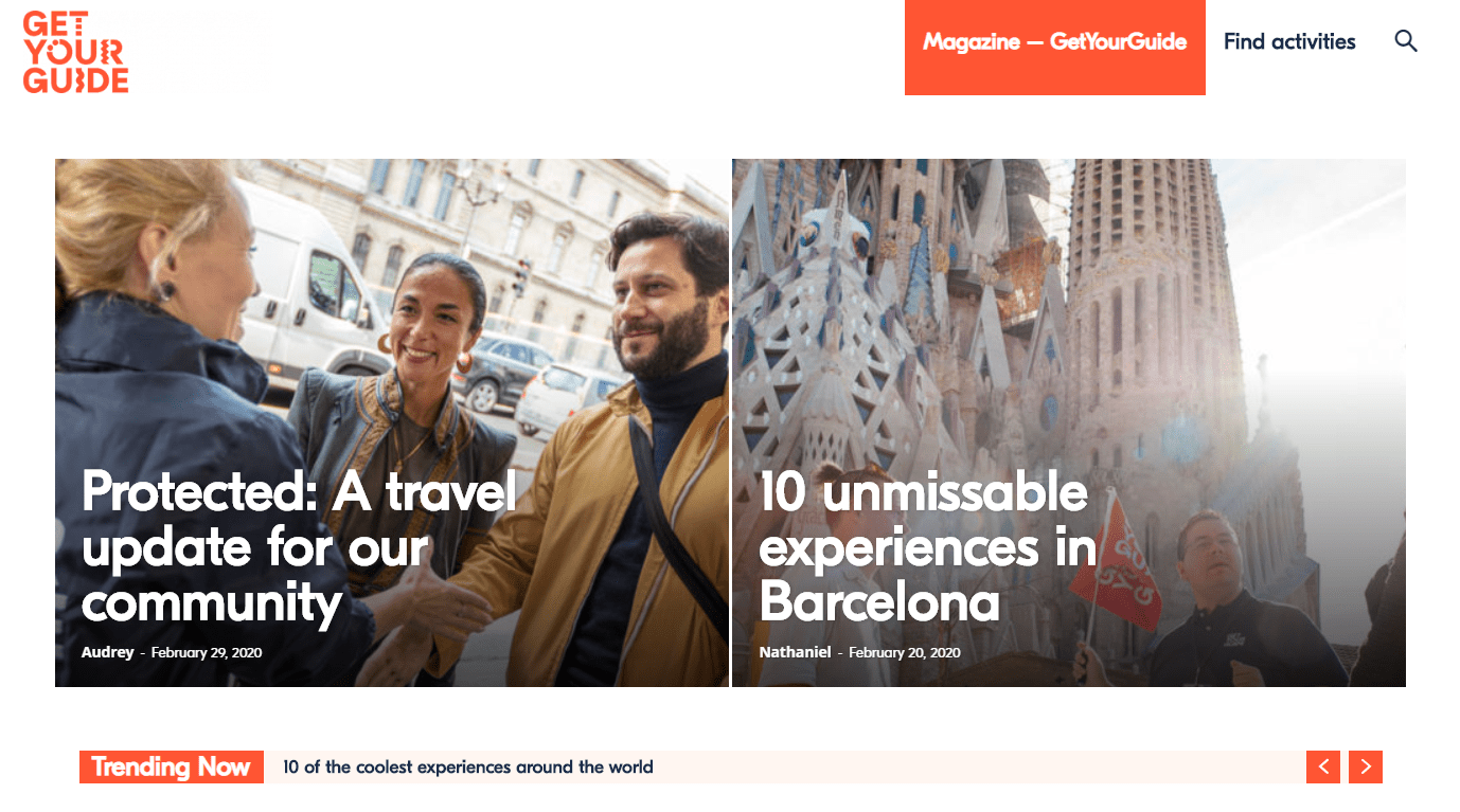 A screenshot of GetYourGuide Magazine submissions written by in-house experts and guest travel authorities