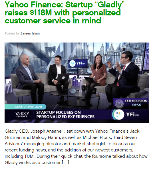 A screenshot of an article called "Yahoo Finance: Startup Gladly Raises $118M with personalized customer service in mind"