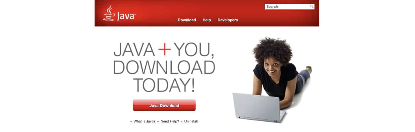 A screenshot from Java's website featuring an image of a smiling woman typing on her laptop and a CTA button inviting users to download Java