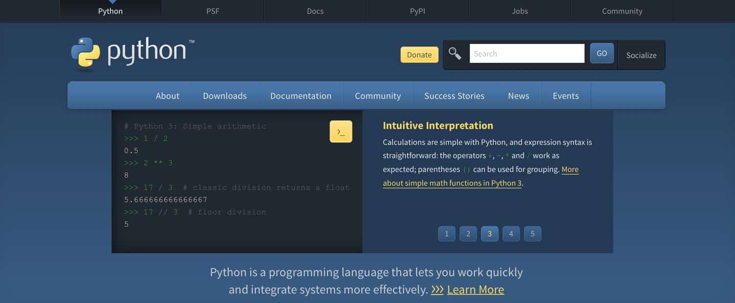 A screenshot of a section of Python's website focusing on Intuitive Interpretation