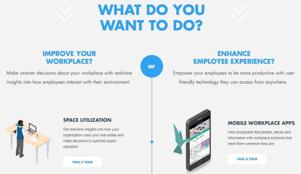 A screenshot of iOffice's landing page offering solutions to improve your workplace and enhance employee experience