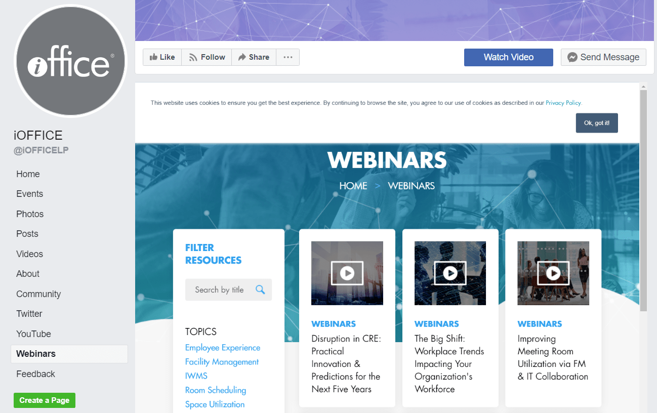 A screenshot of iOffice's Facebook page showing different webinars
