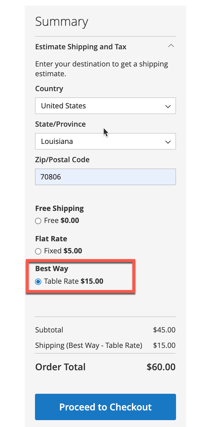 Screenshot pf the summary process using Magento 2 shipping table rates