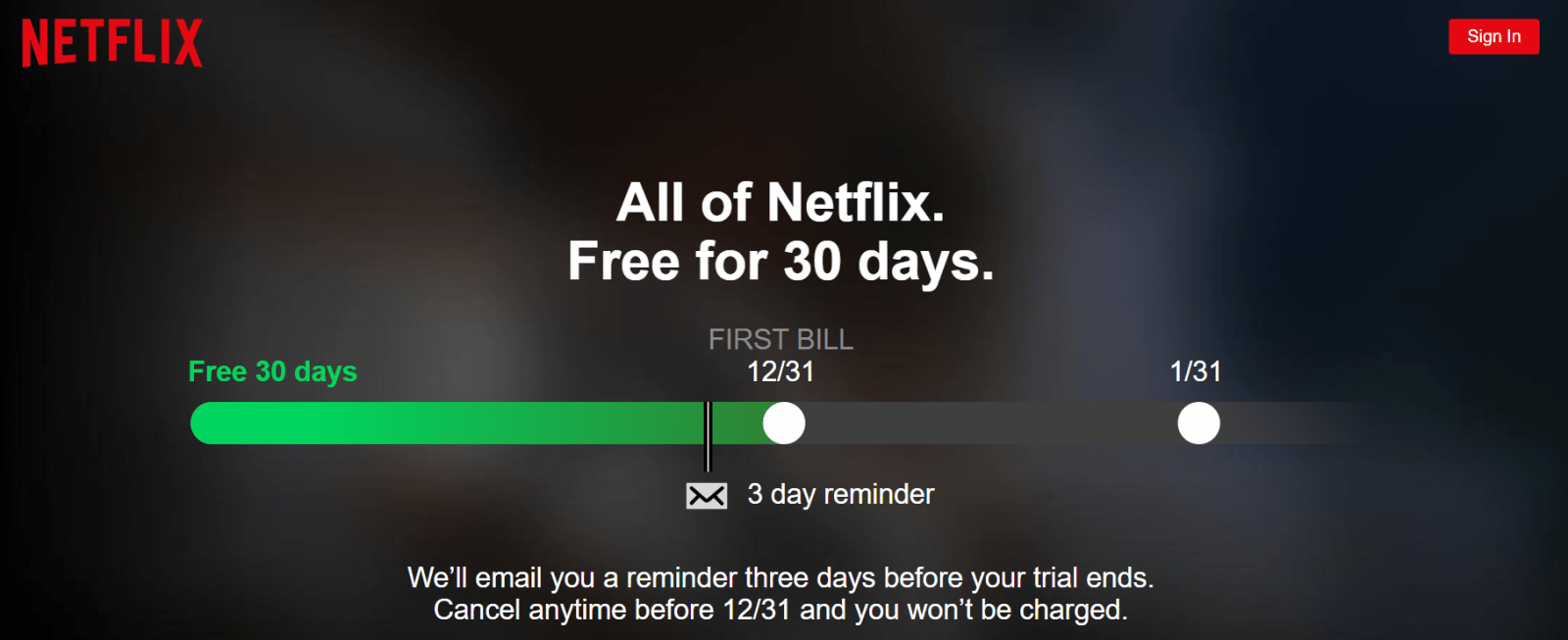 Netflix free trial page screenshot