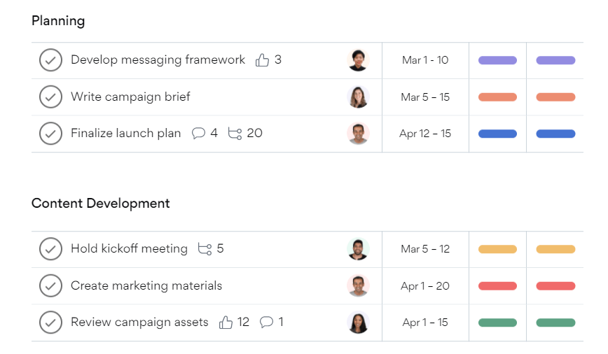website development task list Asana screenshot