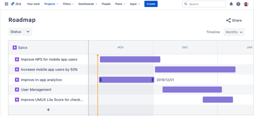 website development task list Jira screenshot