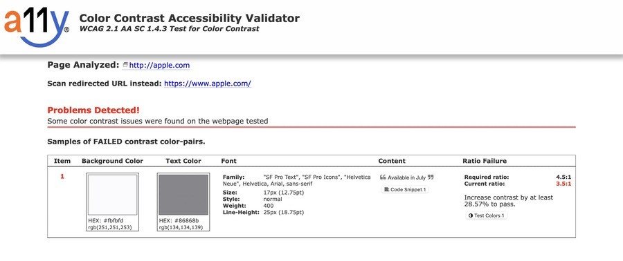 Screenshot of the A11Y Color Contrast Accessibility Validator tool. Illustration for the "What is Website Accessibility?" blog​
