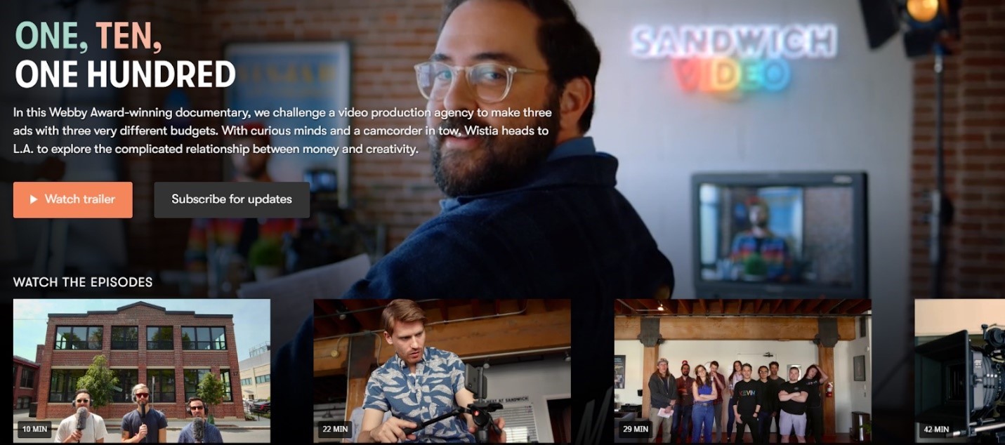 A screenshot from Wistia's website showing "One, Ten, One Hundred" award-winning documentary episode overview