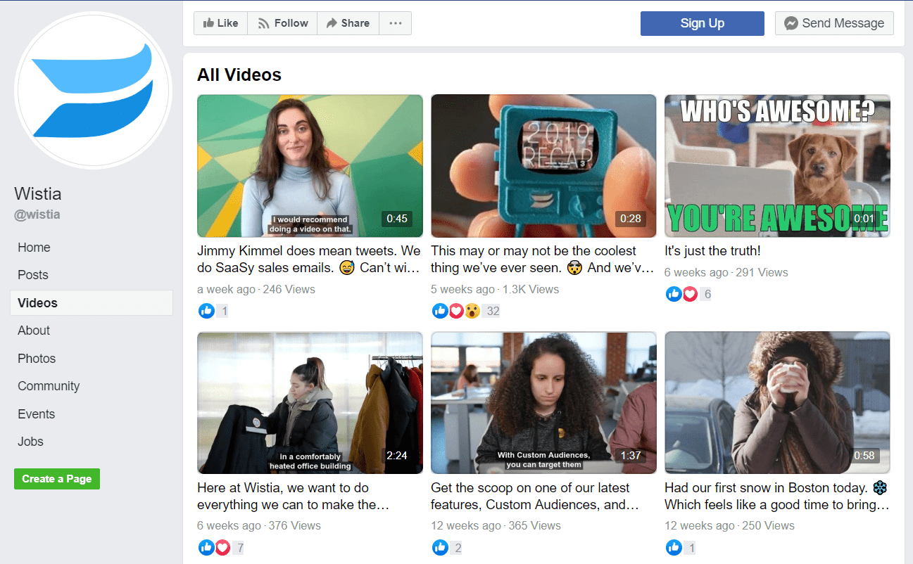 A screenshot of Wistia Facebook page's Videos tab