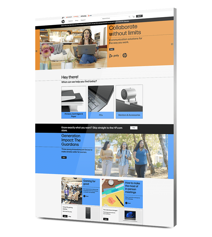 Angled mockup of the HP website homepage featuring product categories, promotional banners, and editorial content blocks designed to enhance user navigation and engagement.