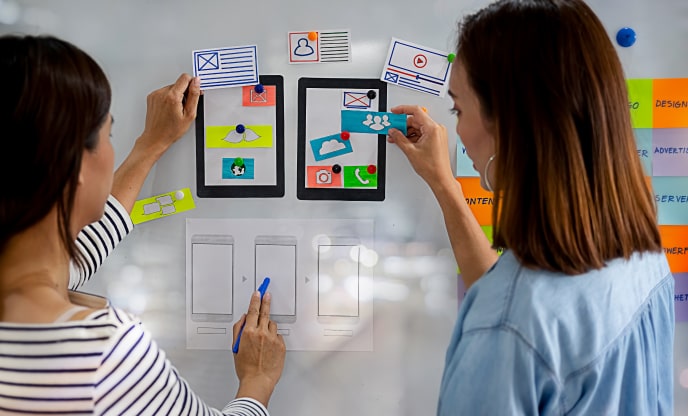 Two women making a visual board about custom software development agile development methodology