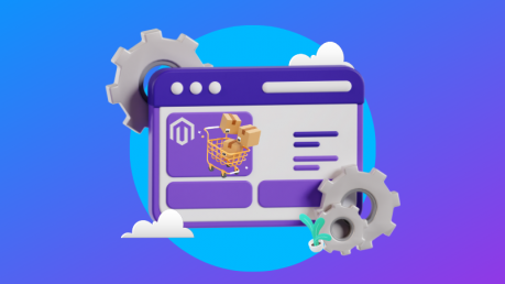 An image of a website page, shopping cart and a Magento logo