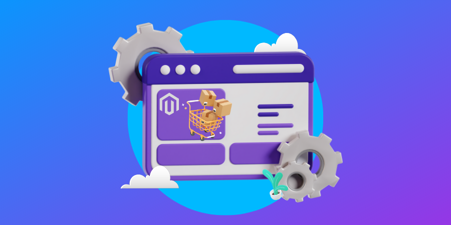 An image of a website page, shopping cart and a Magento logo