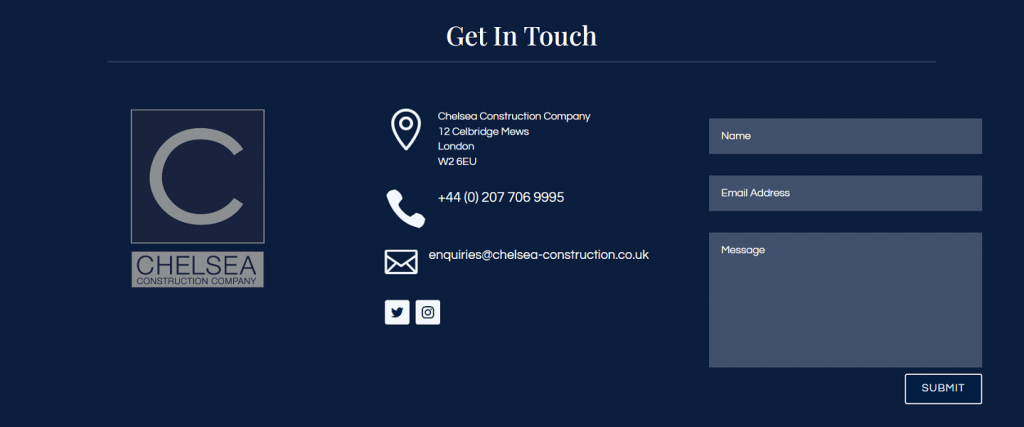 Construction website design example: Chelsea contact form