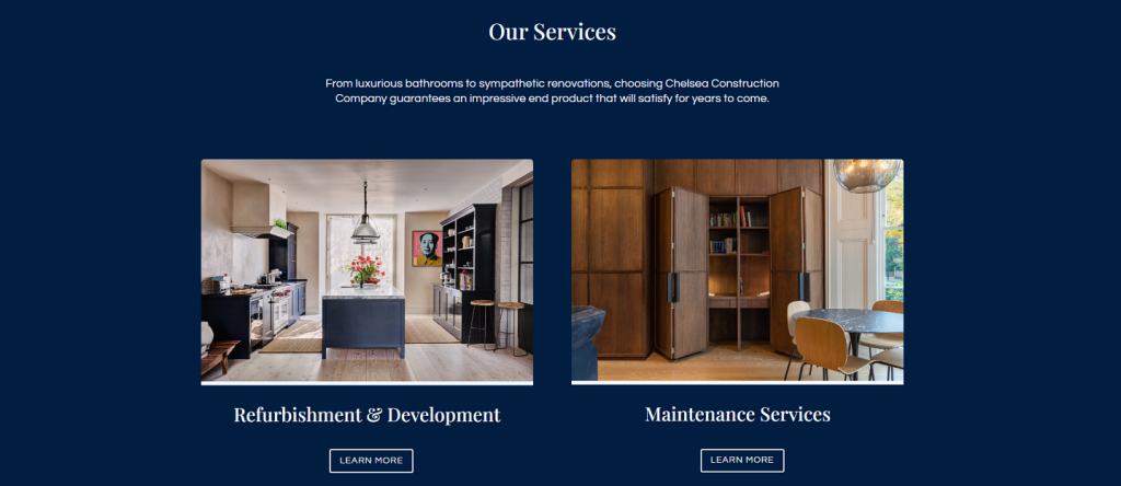 Construction website design example: Chelsea services