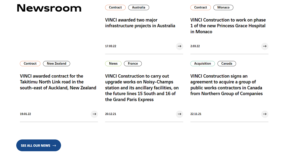 Construction website design example: Vinci newsroom