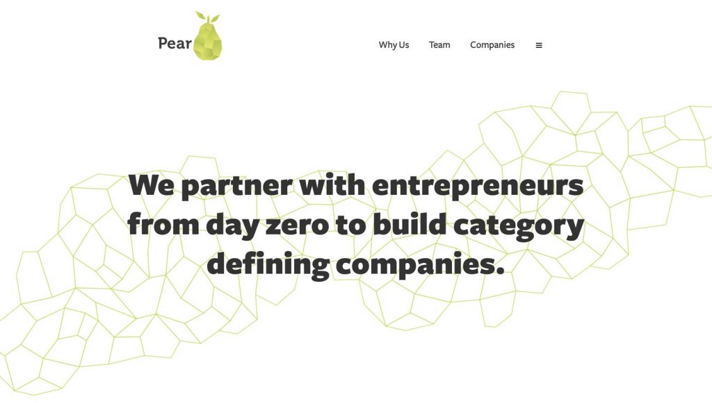 Venture capital website design example: Pear