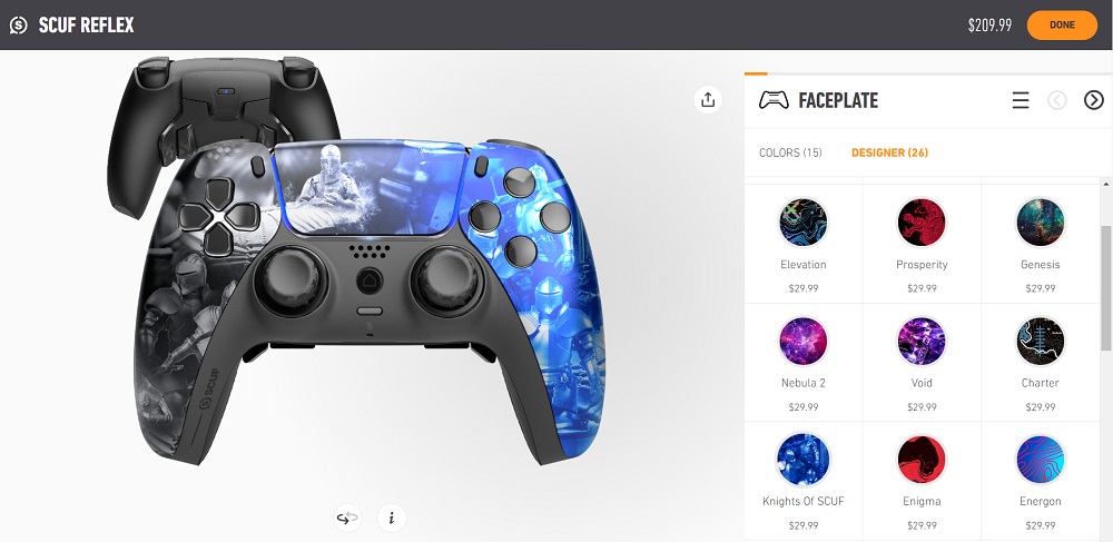 A website page showing product customization options on the SCUF Gaming website