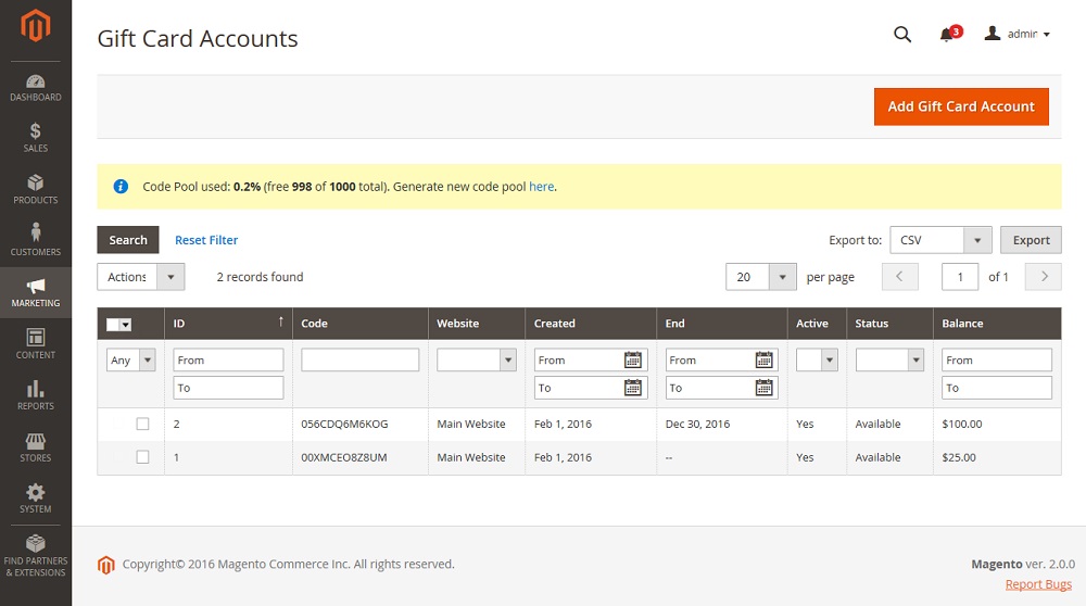 An image of the gift card accounts dashboard in the backend of Magento