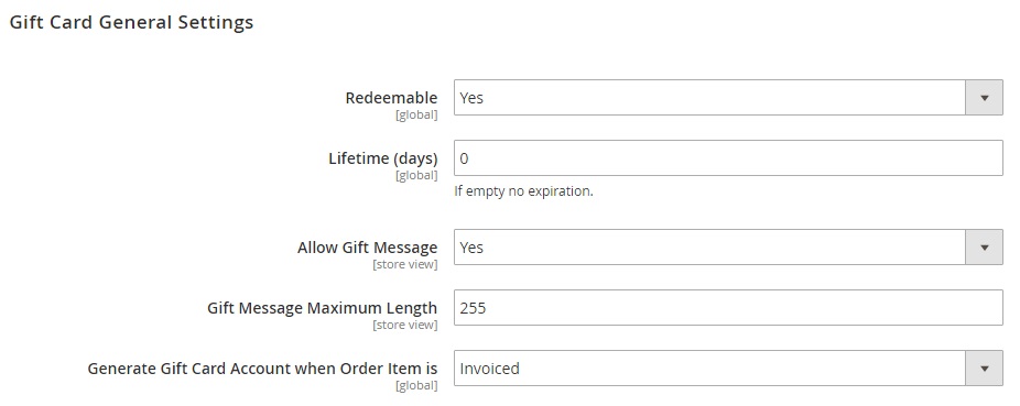 An image of the form fields in Magento for gift card settings