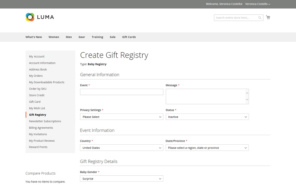 Gift registry form in Magento