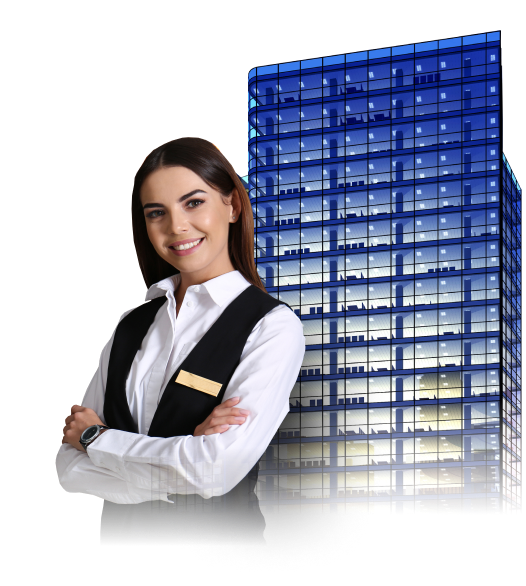 Hotel branding agency: concierge with hotel behind