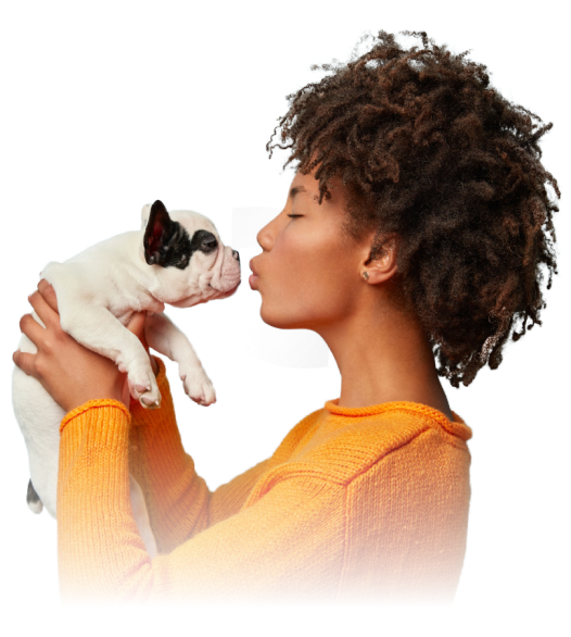 Professional logo design company, featured example, Dognomics, a woman is holding a cute puppy, and trying to kiss it.