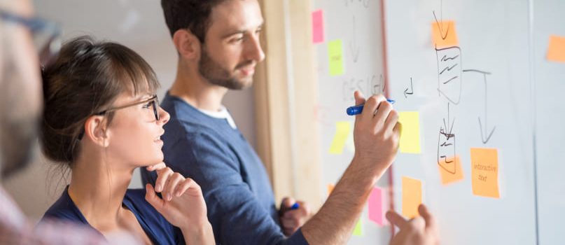 A man and a woman are working on a brand development strategy in front of a white board filled with colorful sticky noats. The man is holding a market.