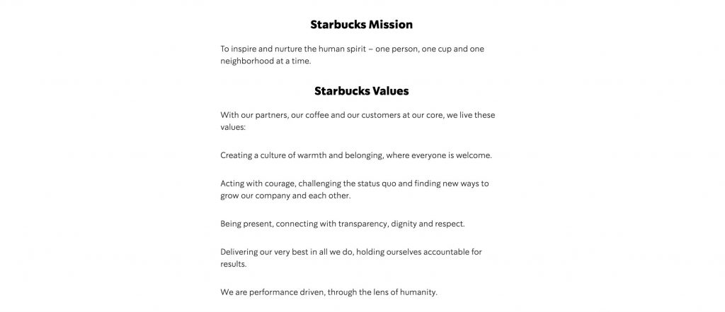 An image of Starbucks' mission and values